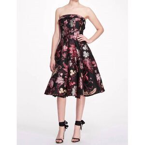 Marchesa Black Strapless Floral Fit-and-Flare Dress with Pink and Gold Accents